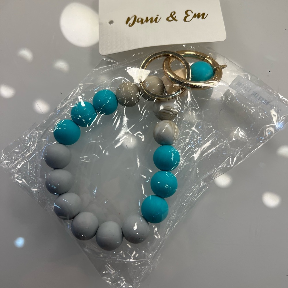 Cute Teal Grey Marble Wood Keyring Bracelet